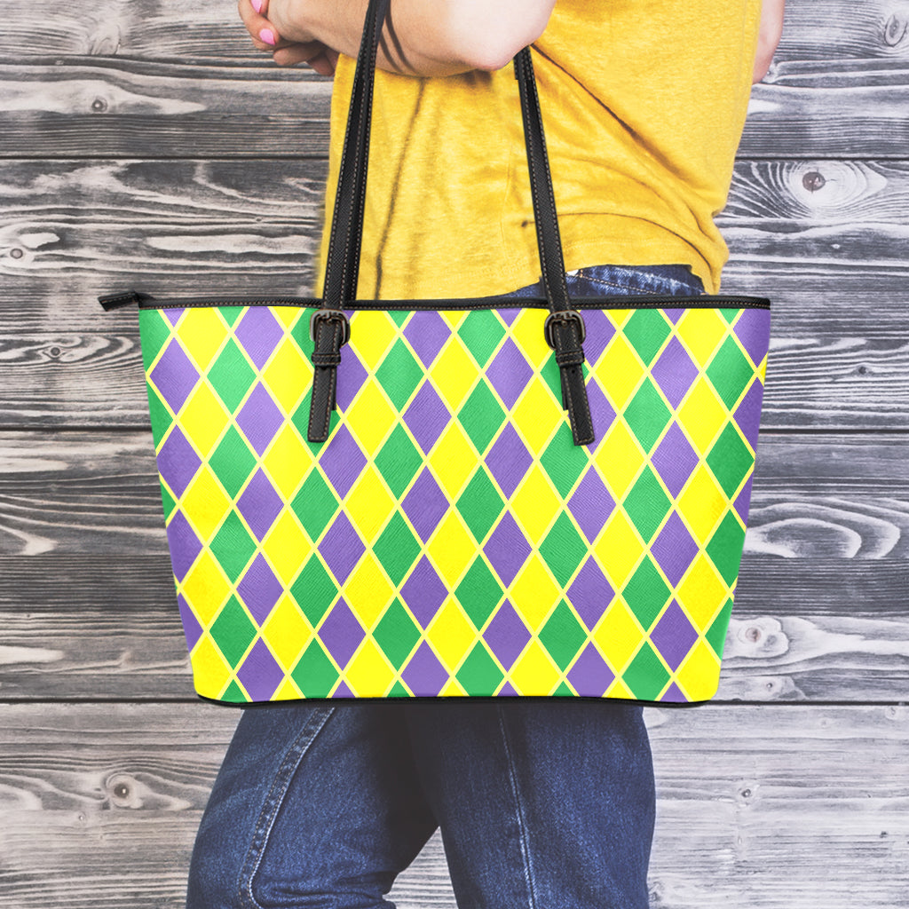 Purple Green And Yellow Mardi Gras Print Leather Tote Bag