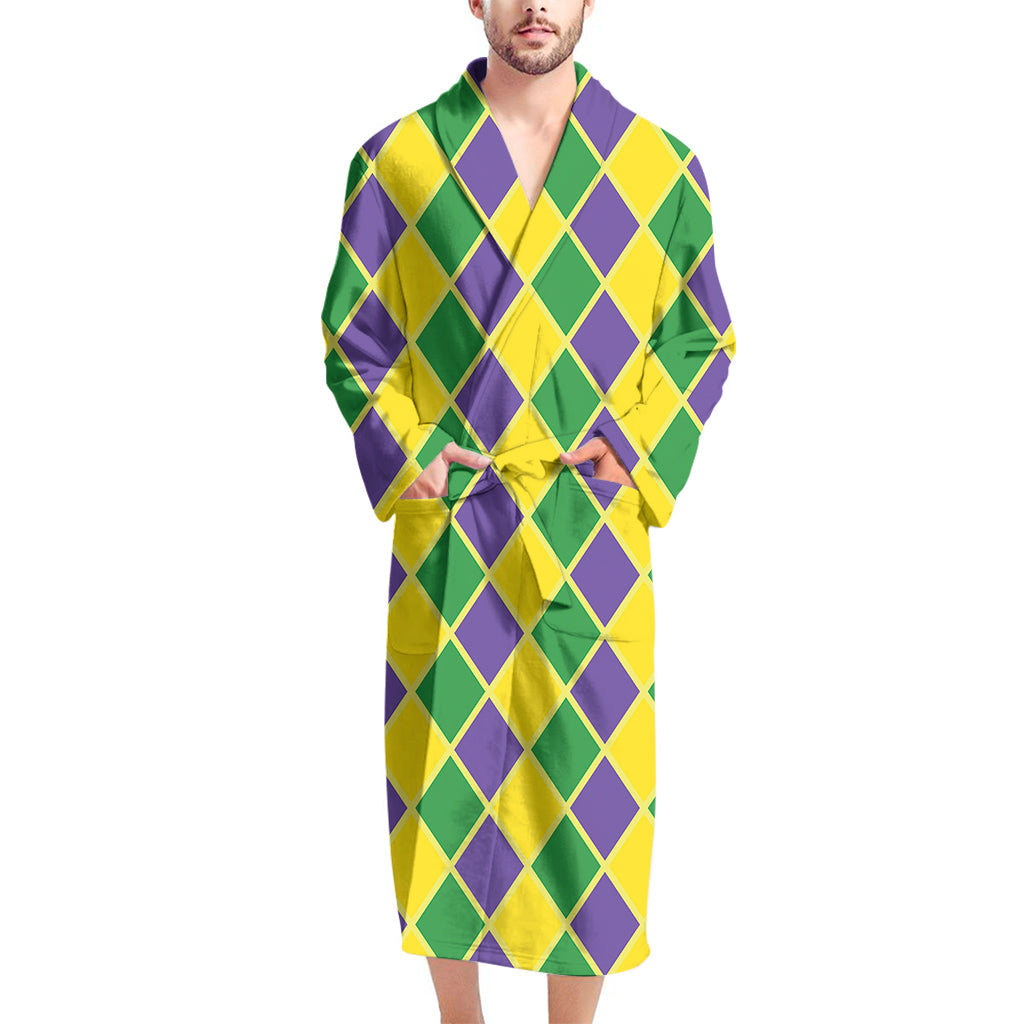 Purple Green And Yellow Mardi Gras Print Men's Bathrobe