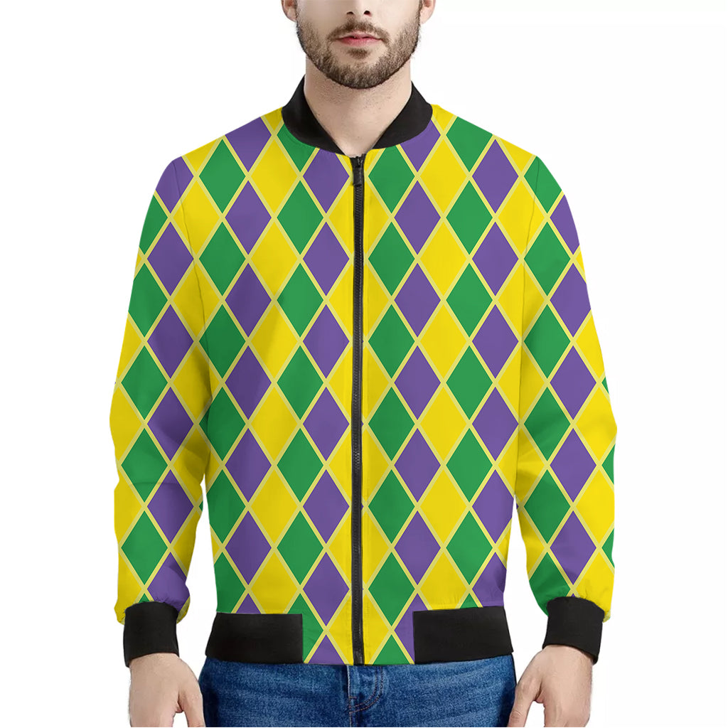 Purple Green And Yellow Mardi Gras Print Men's Bomber Jacket