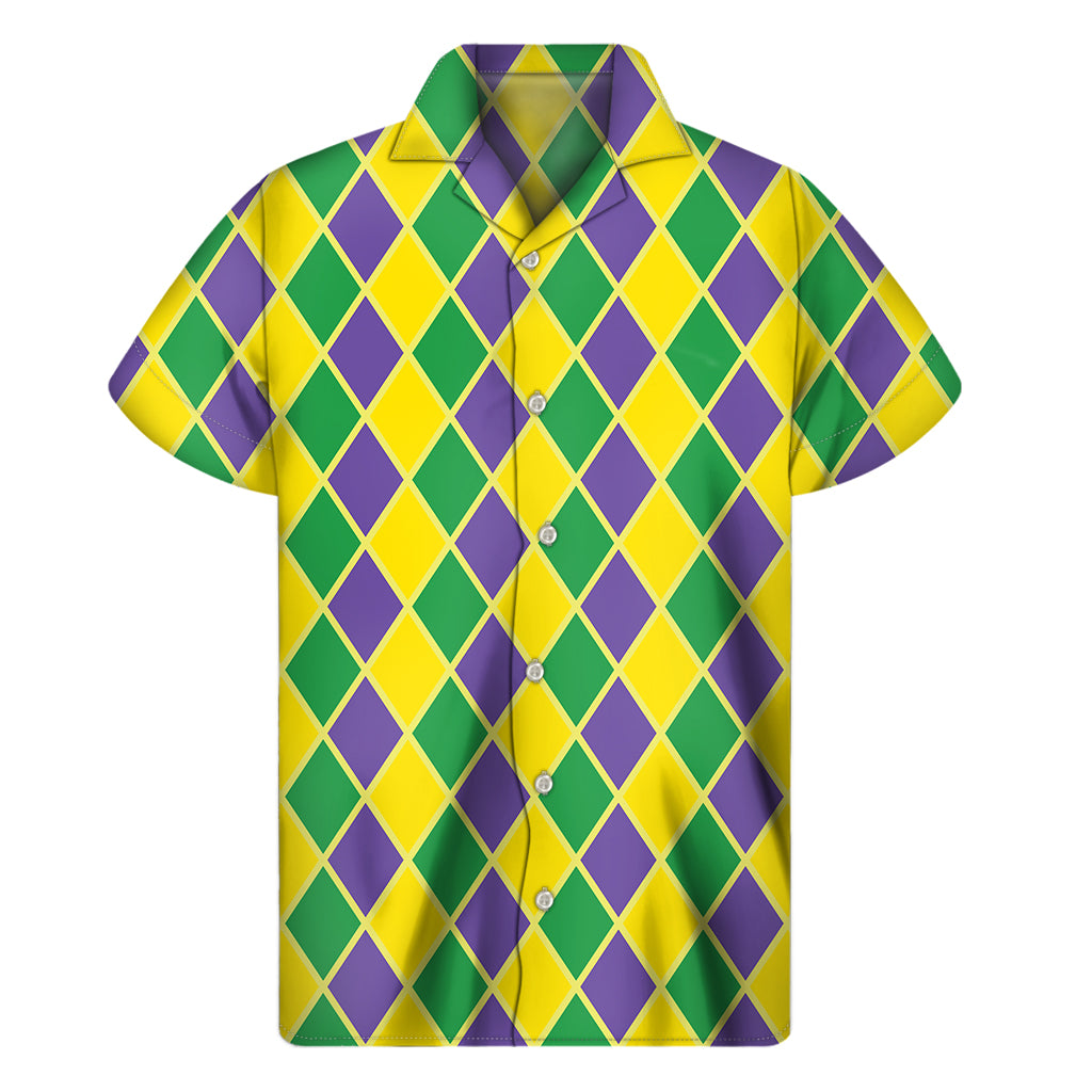 Purple Green And Yellow Mardi Gras Print Men's Short Sleeve Shirt