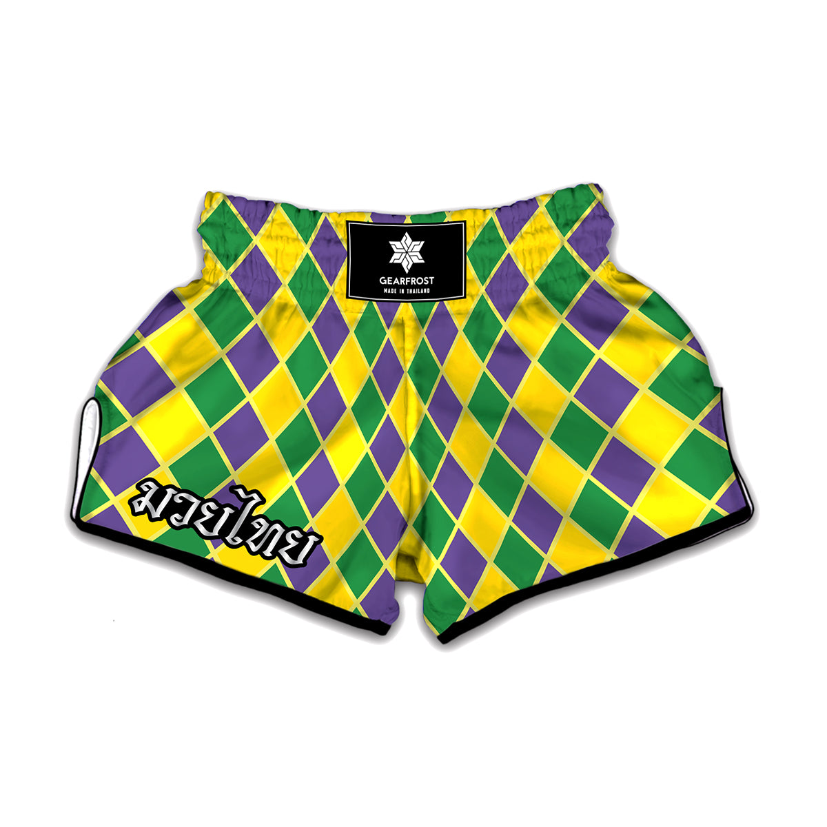 Purple Green And Yellow Mardi Gras Print Muay Thai Boxing Shorts