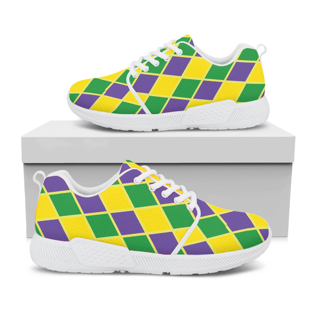 Purple Green And Yellow Mardi Gras Print White Athletic Shoes