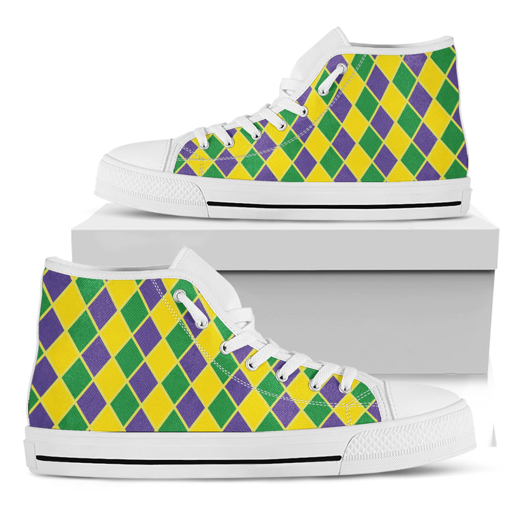 Purple Green And Yellow Mardi Gras Print White High Top Shoes