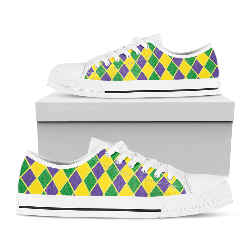 Purple Green And Yellow Mardi Gras Print White Low Top Shoes