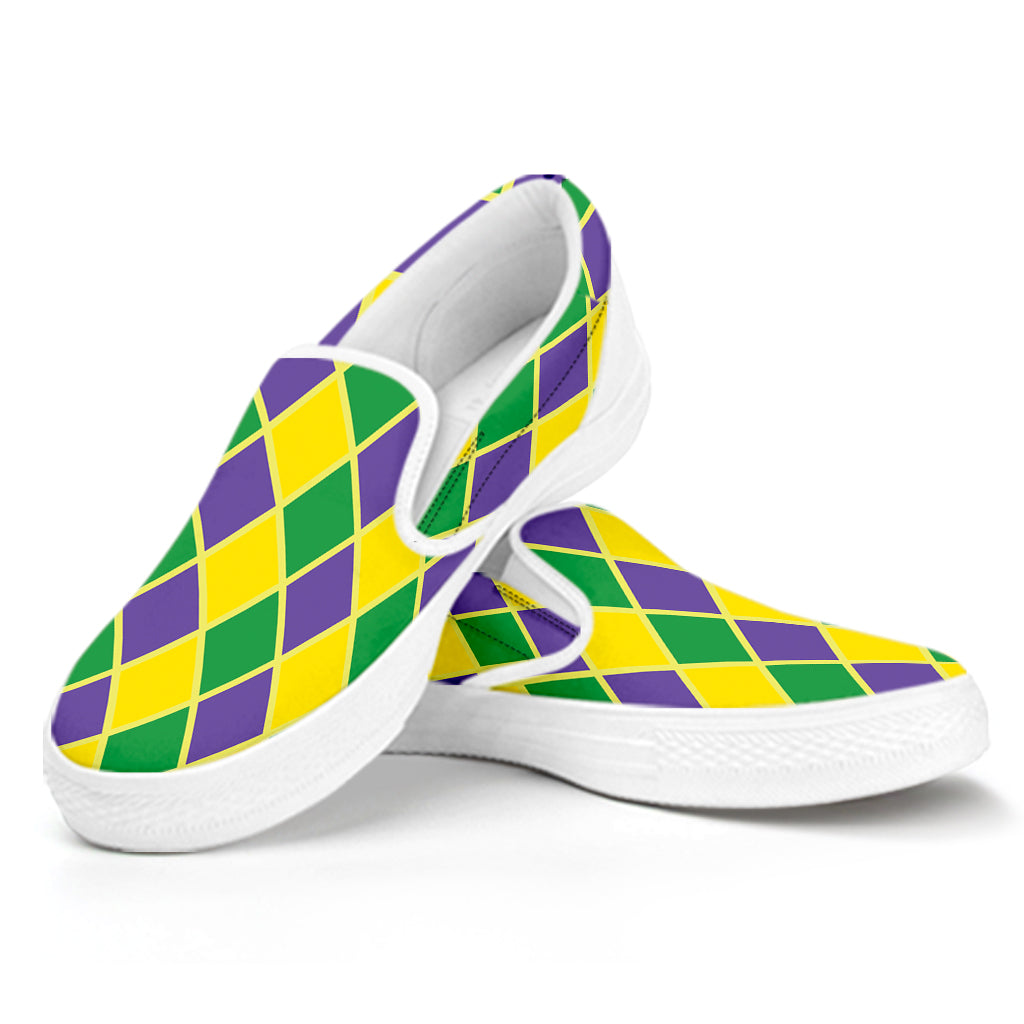 Purple Green And Yellow Mardi Gras Print White Slip On Shoes