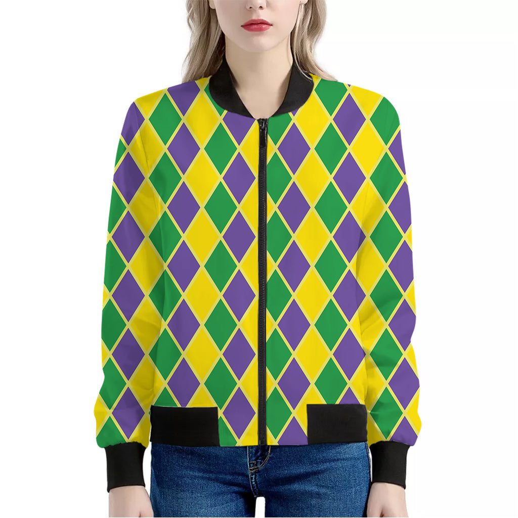 Purple Green And Yellow Mardi Gras Print Women's Bomber Jacket