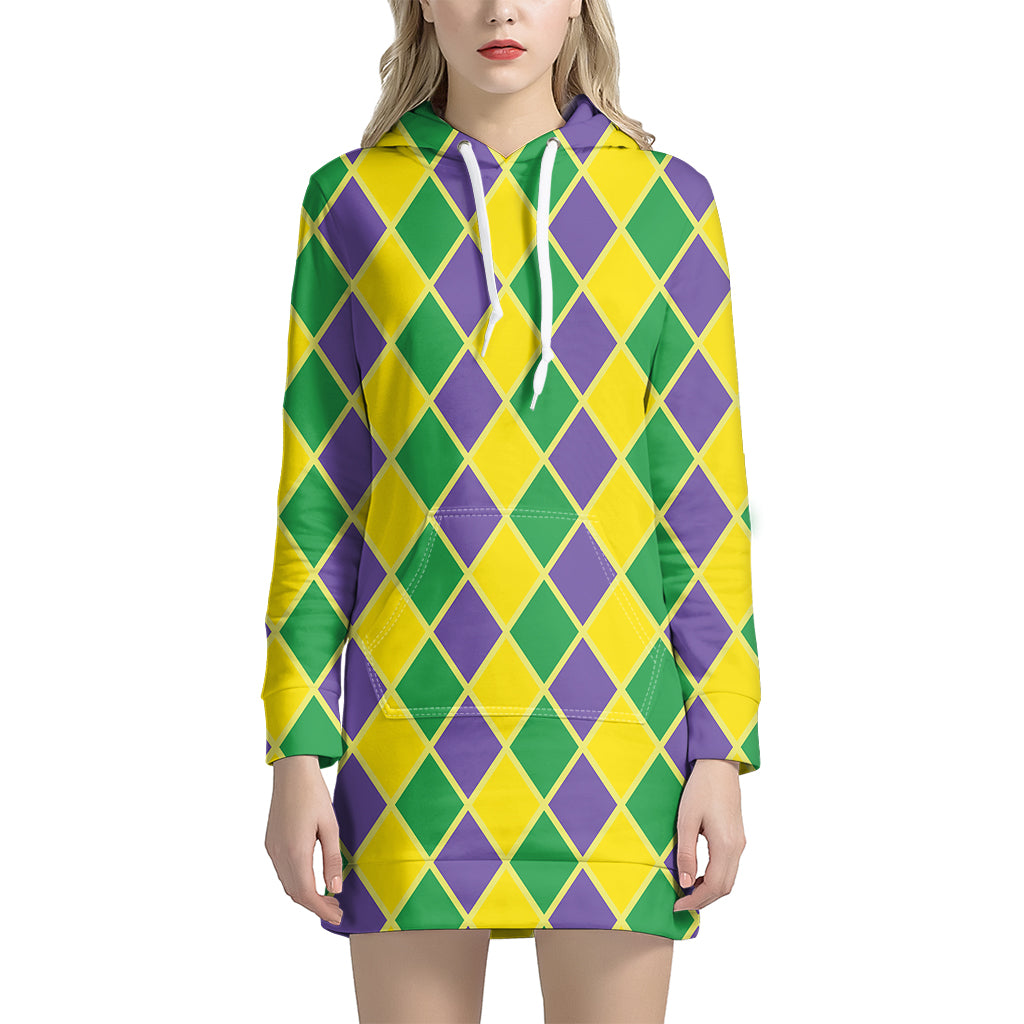 Purple Green And Yellow Mardi Gras Print Women's Pullover Hoodie Dress