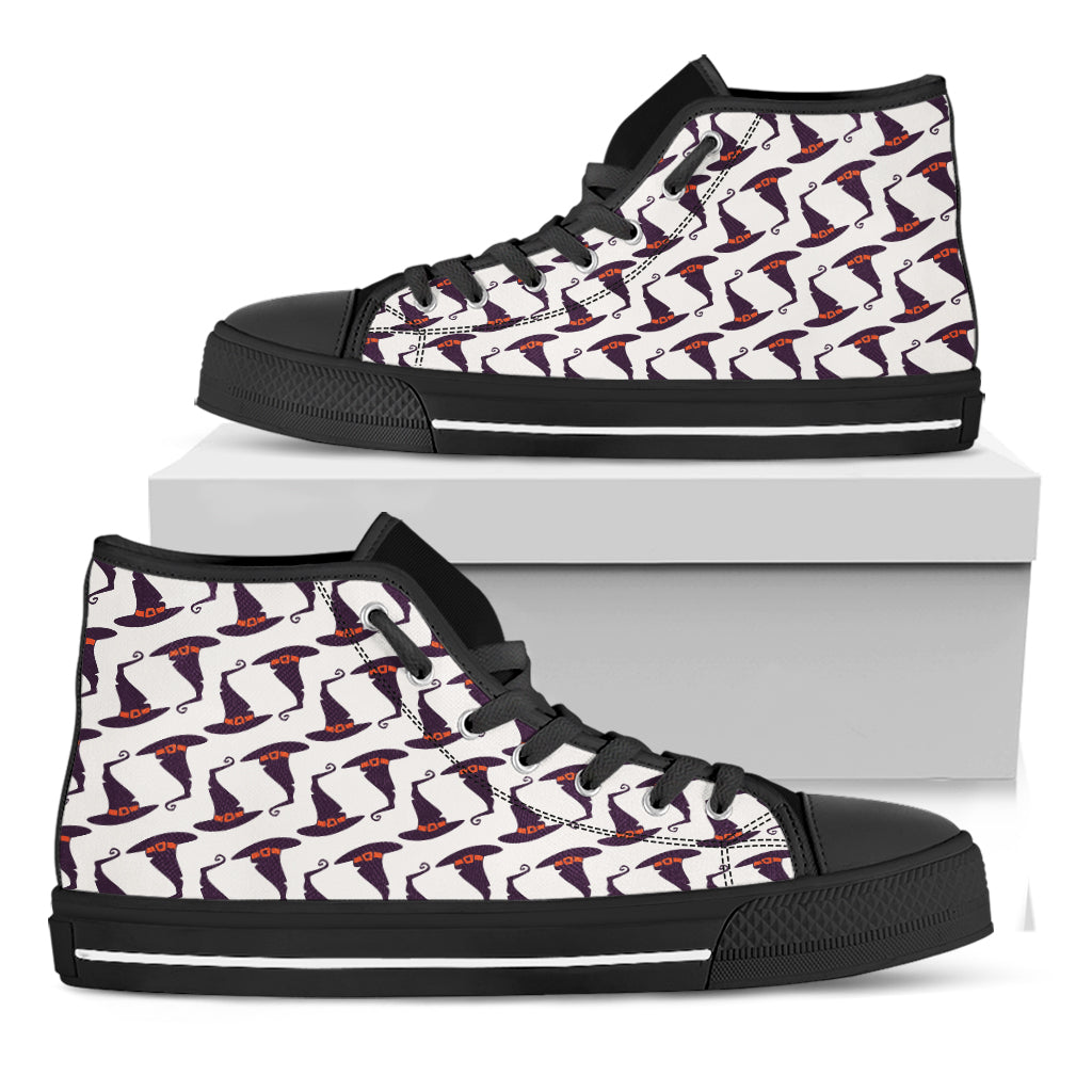 Purple Halloween Witch Hat Pattern Print Black High Top Shoes