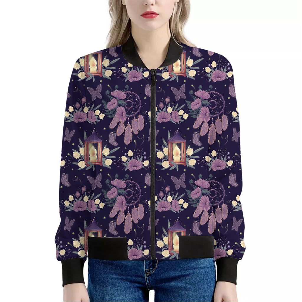 Purple Indian Dream Catcher Print Women's Bomber Jacket