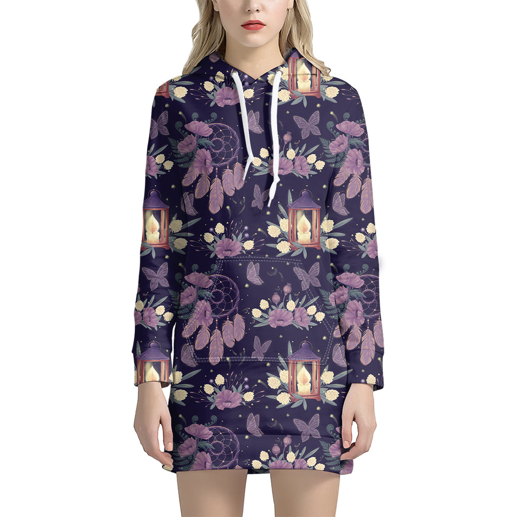 Purple Indian Dream Catcher Print Women's Pullover Hoodie Dress