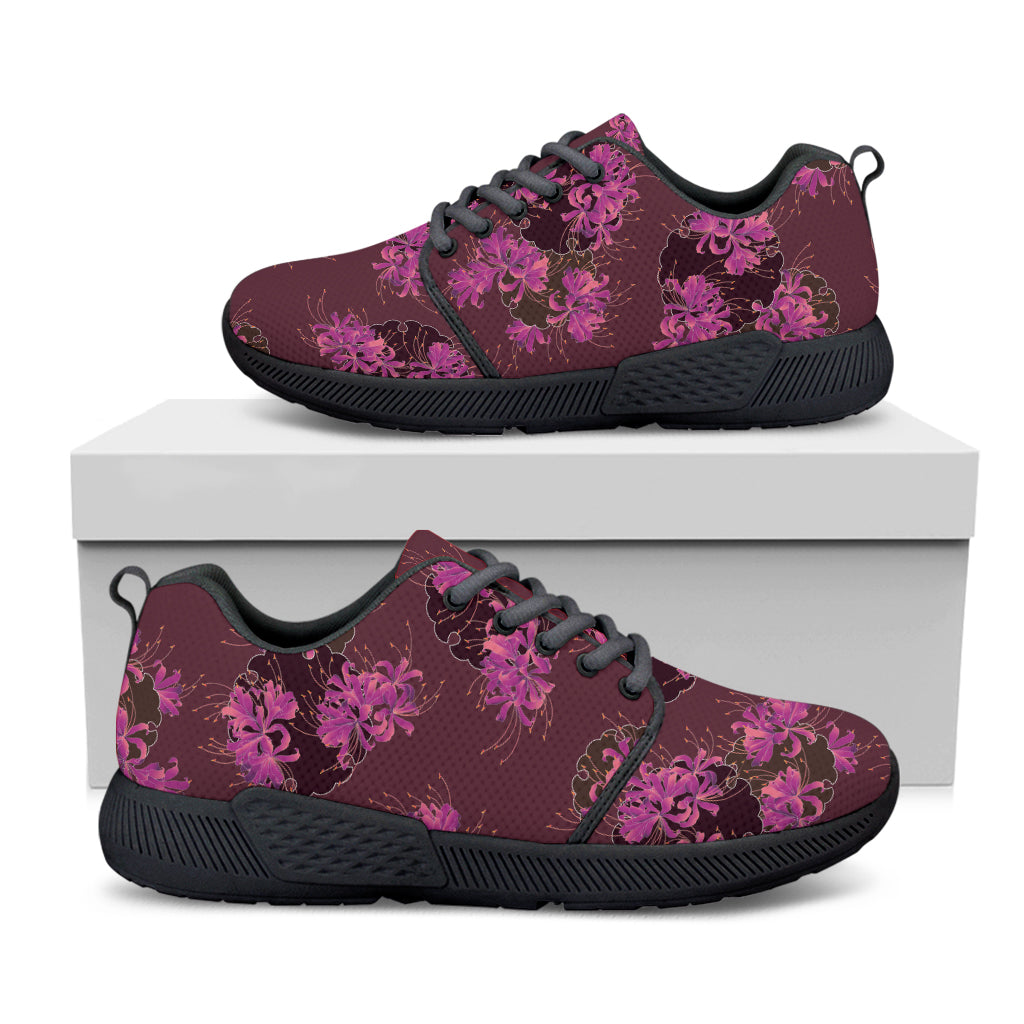 Purple Japanese Amaryllis Pattern Print Black Athletic Shoes