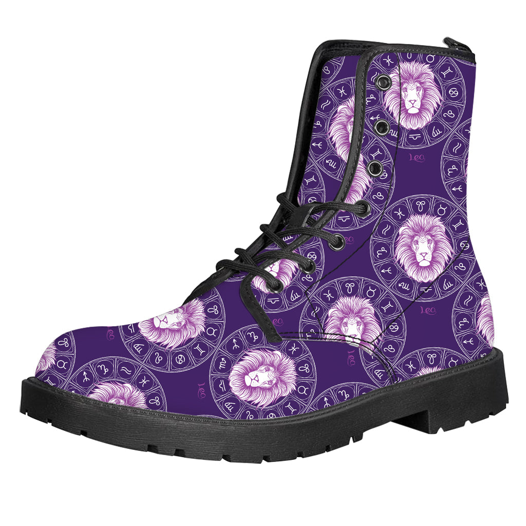 Purple Leo Zodiac Pattern Print Leather Boots