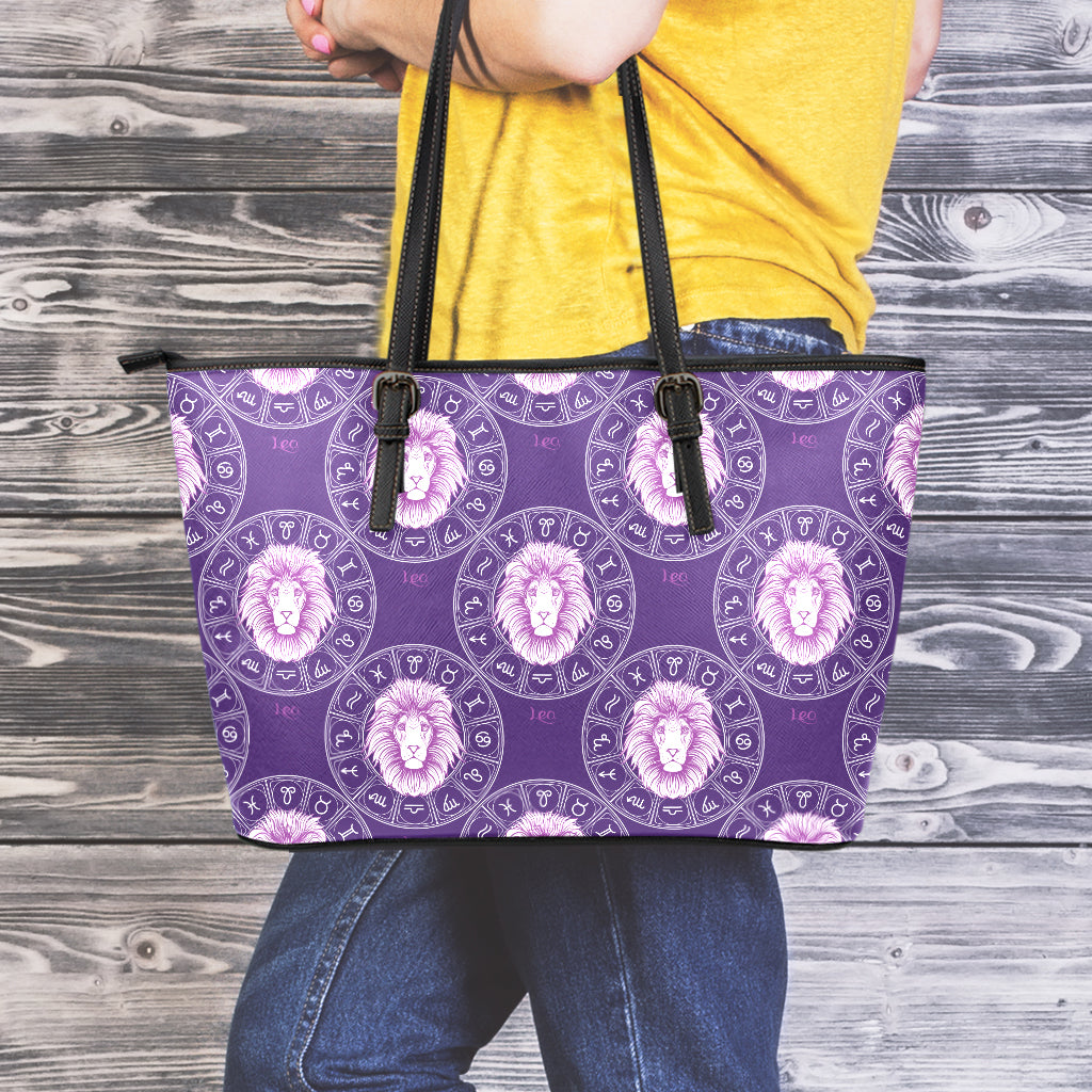 Purple Leo Zodiac Pattern Print Leather Tote Bag