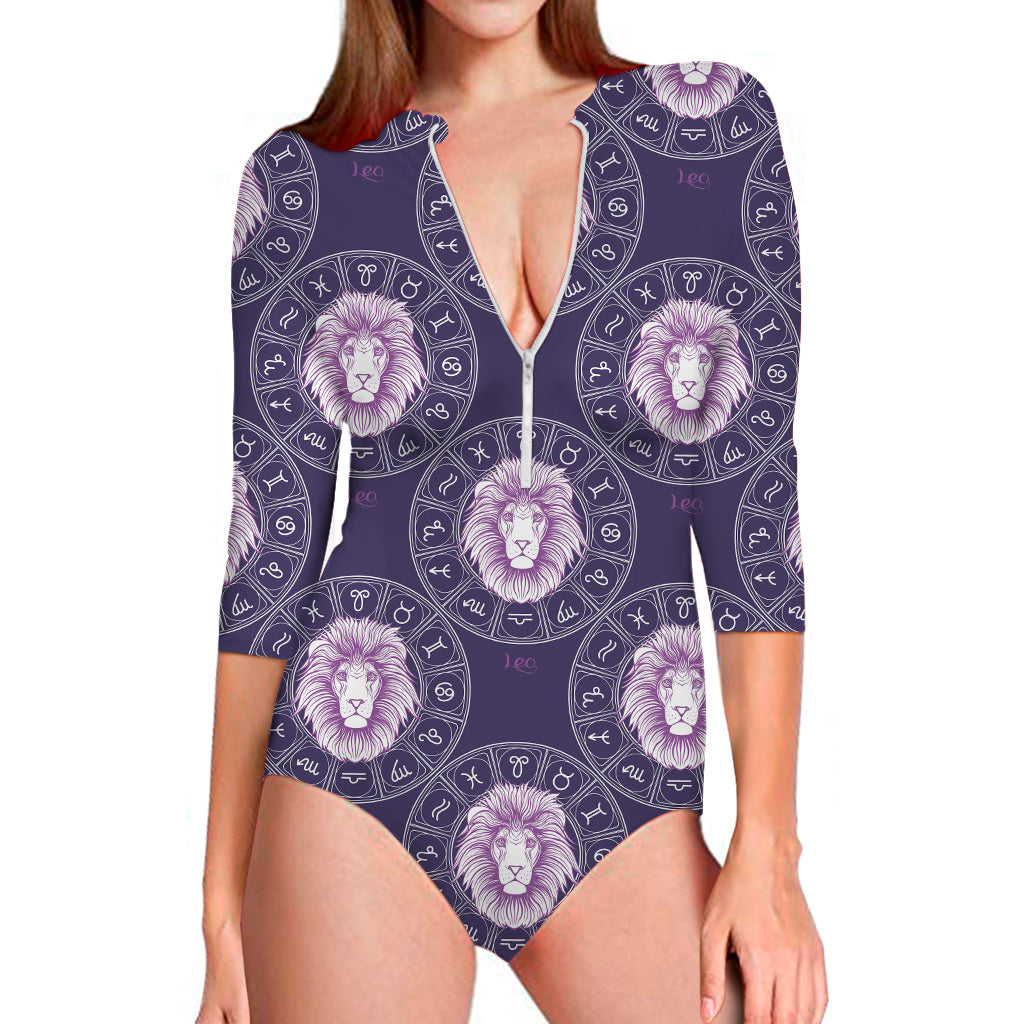 Purple Leo Zodiac Pattern Print Long Sleeve One Piece Swimsuit