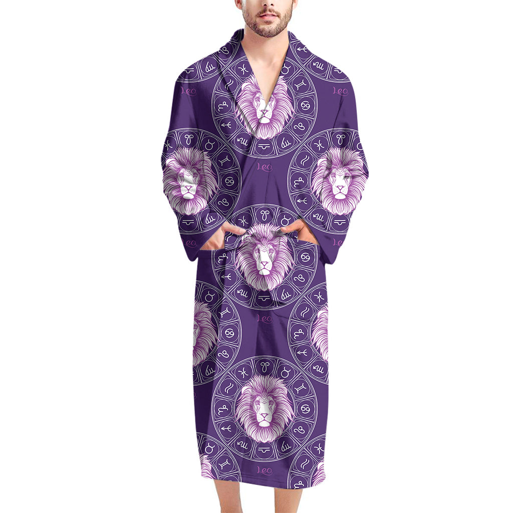 Purple Leo Zodiac Pattern Print Men's Bathrobe