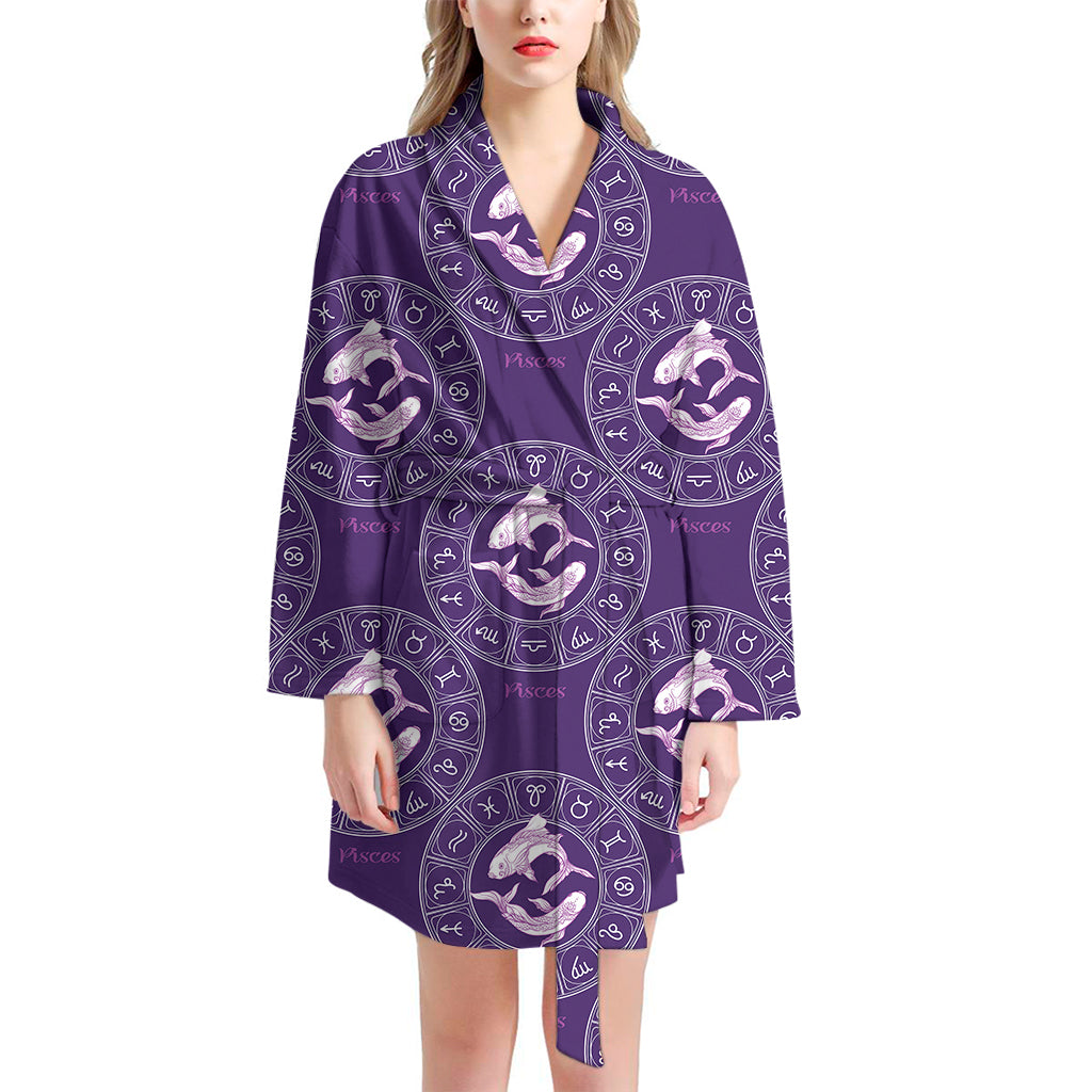 Purple Pisces Zodiac Pattern Print Women's Bathrobe