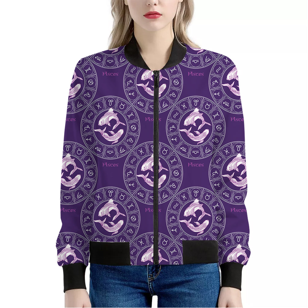 Purple Pisces Zodiac Pattern Print Women's Bomber Jacket