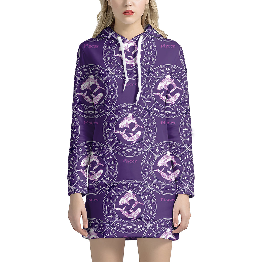 Purple Pisces Zodiac Pattern Print Women's Pullover Hoodie Dress