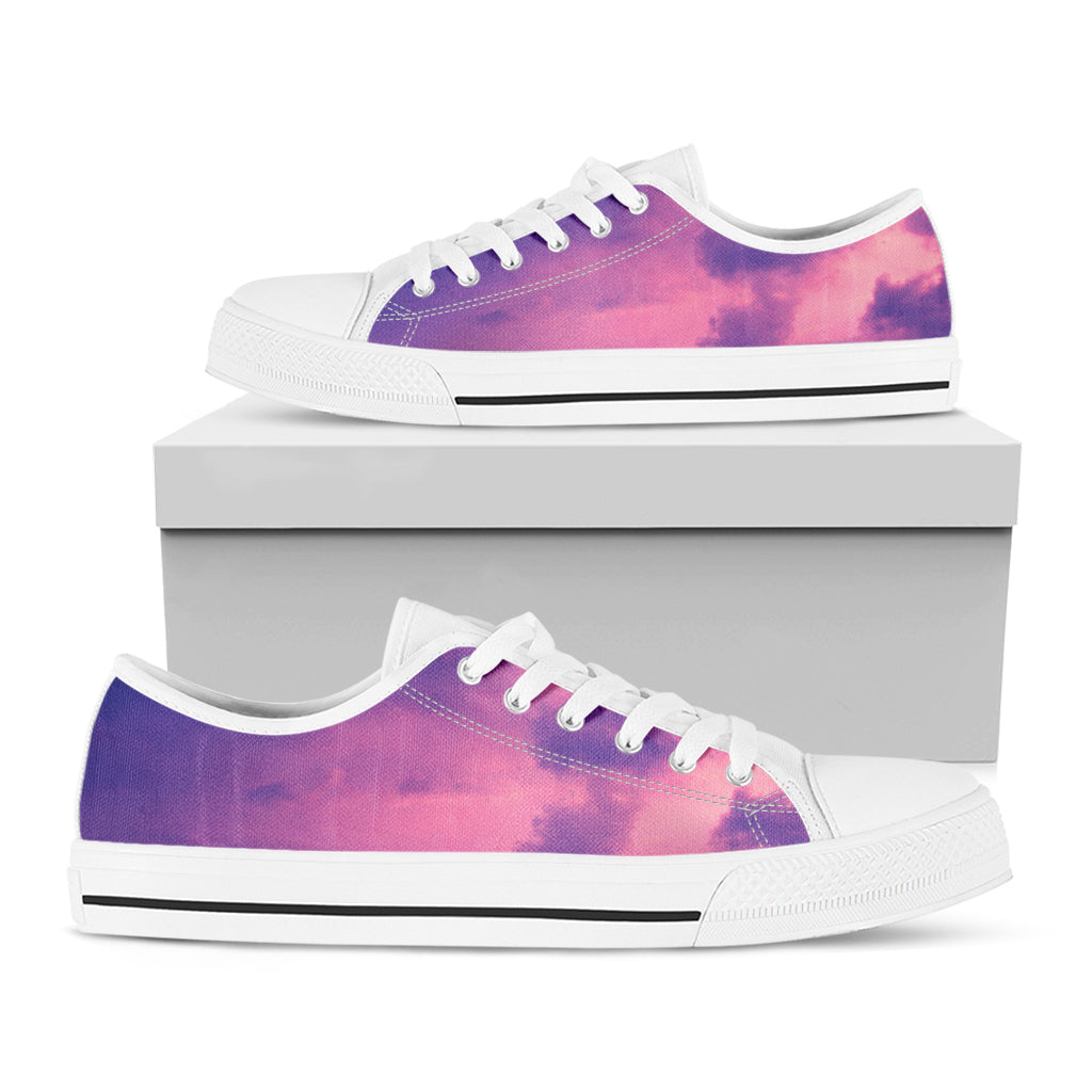 Purple Sky And Full Moon Print White Low Top Shoes