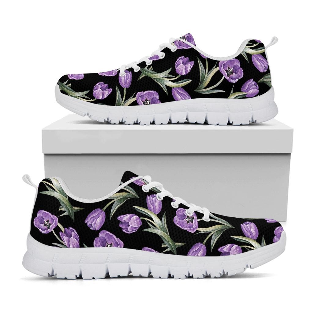 Purple Watercolor Tulip Pattern Print White Sneakers