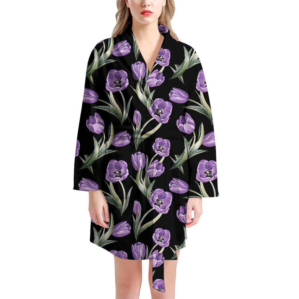 Purple Watercolor Tulip Pattern Print Women's Bathrobe