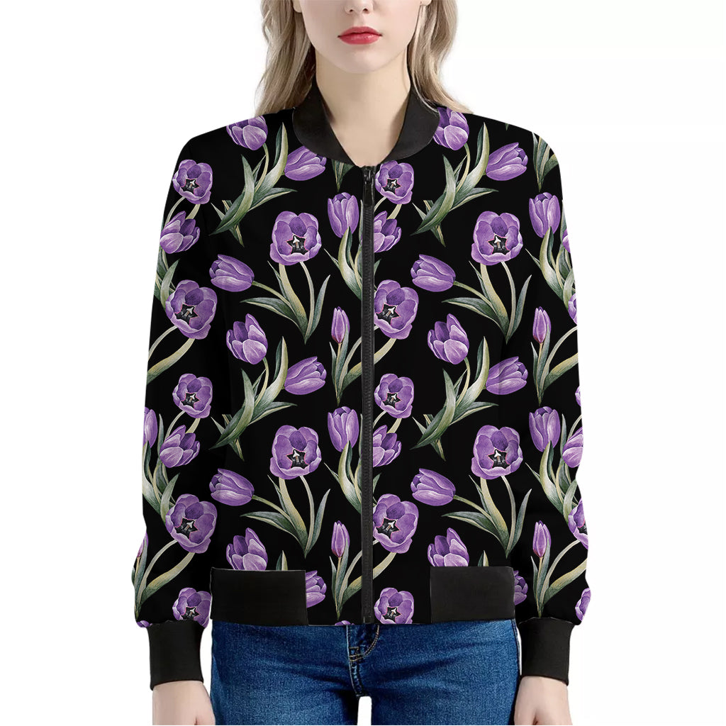 Purple Watercolor Tulip Pattern Print Women's Bomber Jacket