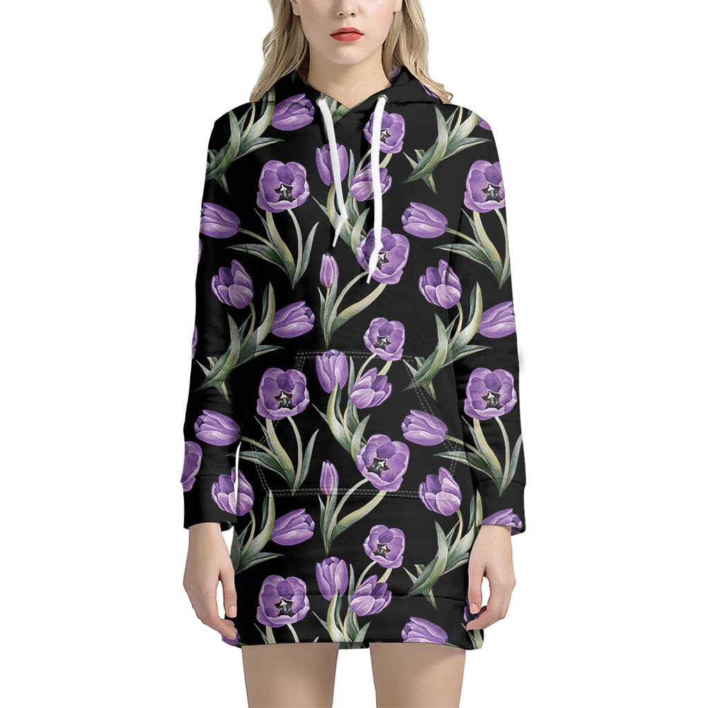 Purple Watercolor Tulip Pattern Print Women's Pullover Hoodie Dress