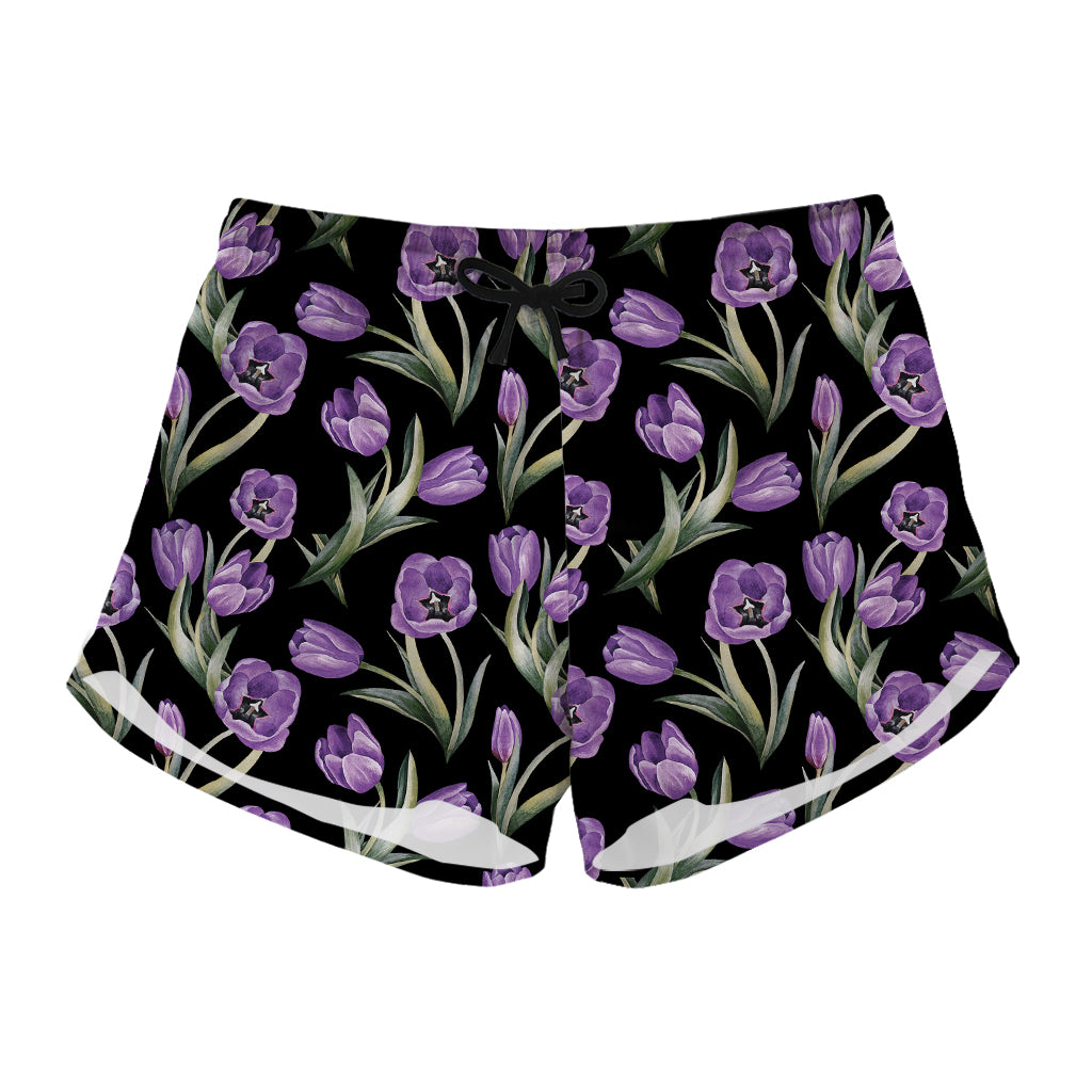 Purple Watercolor Tulip Pattern Print Women's Shorts