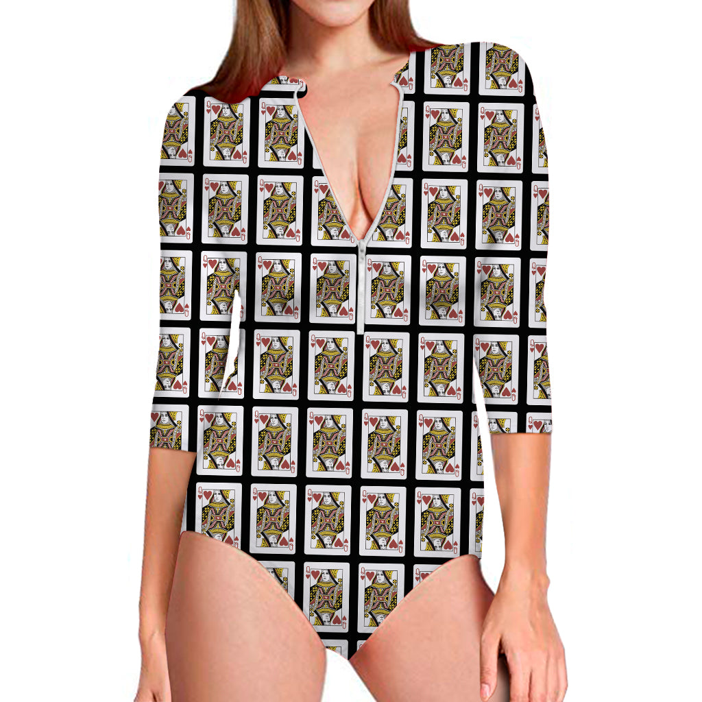 Queen Of Hearts Playing Card Pattern Print Long Sleeve One Piece Swimsuit