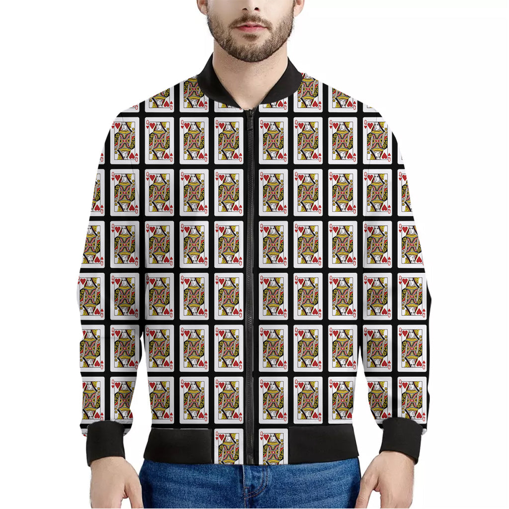 Queen Of Hearts Playing Card Pattern Print Men's Bomber Jacket