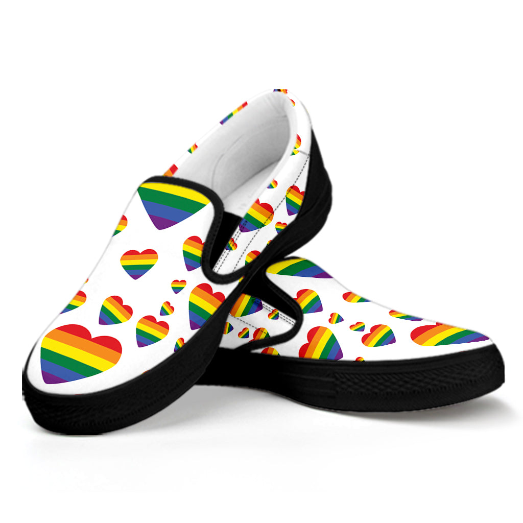 Rainbow LGBT Heart Pattern Print Black Slip On Shoes