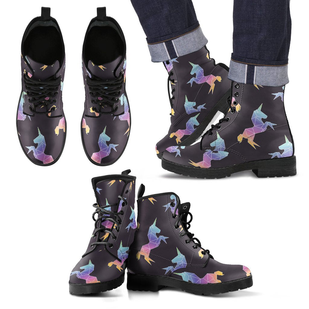 Rainbow Origami Unicorn Pattern Print Men's Boots