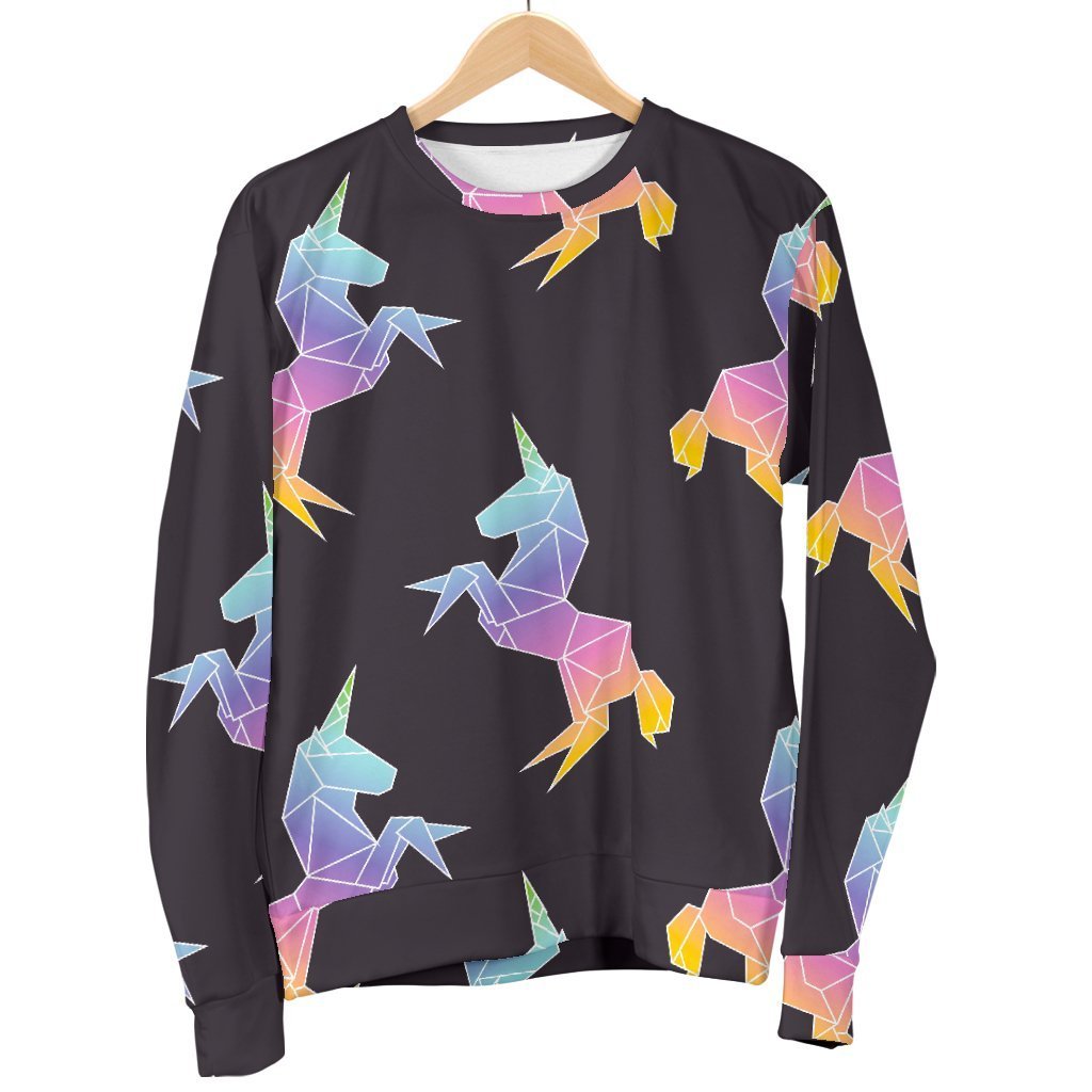 Rainbow Origami Unicorn Pattern Print Men's Crewneck Sweatshirt