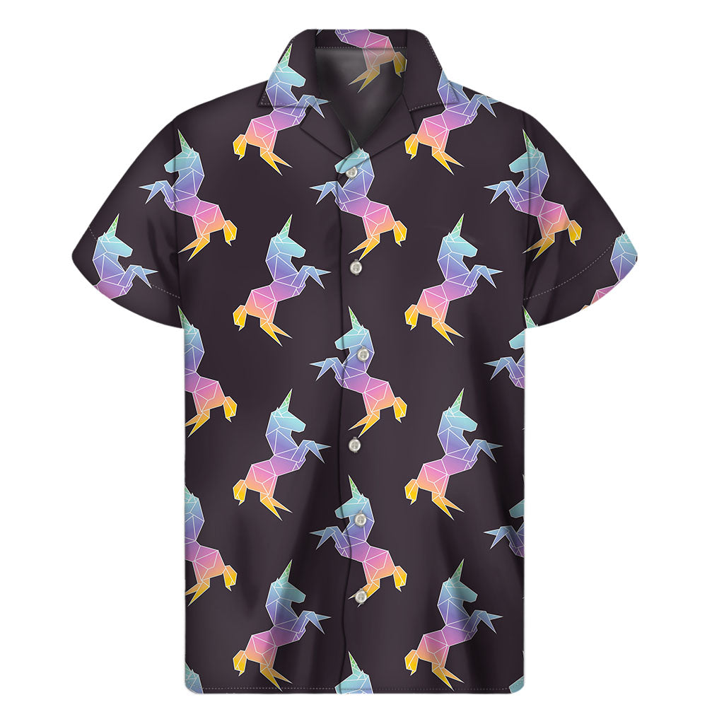 Rainbow Origami Unicorn Pattern Print Men's Short Sleeve Shirt