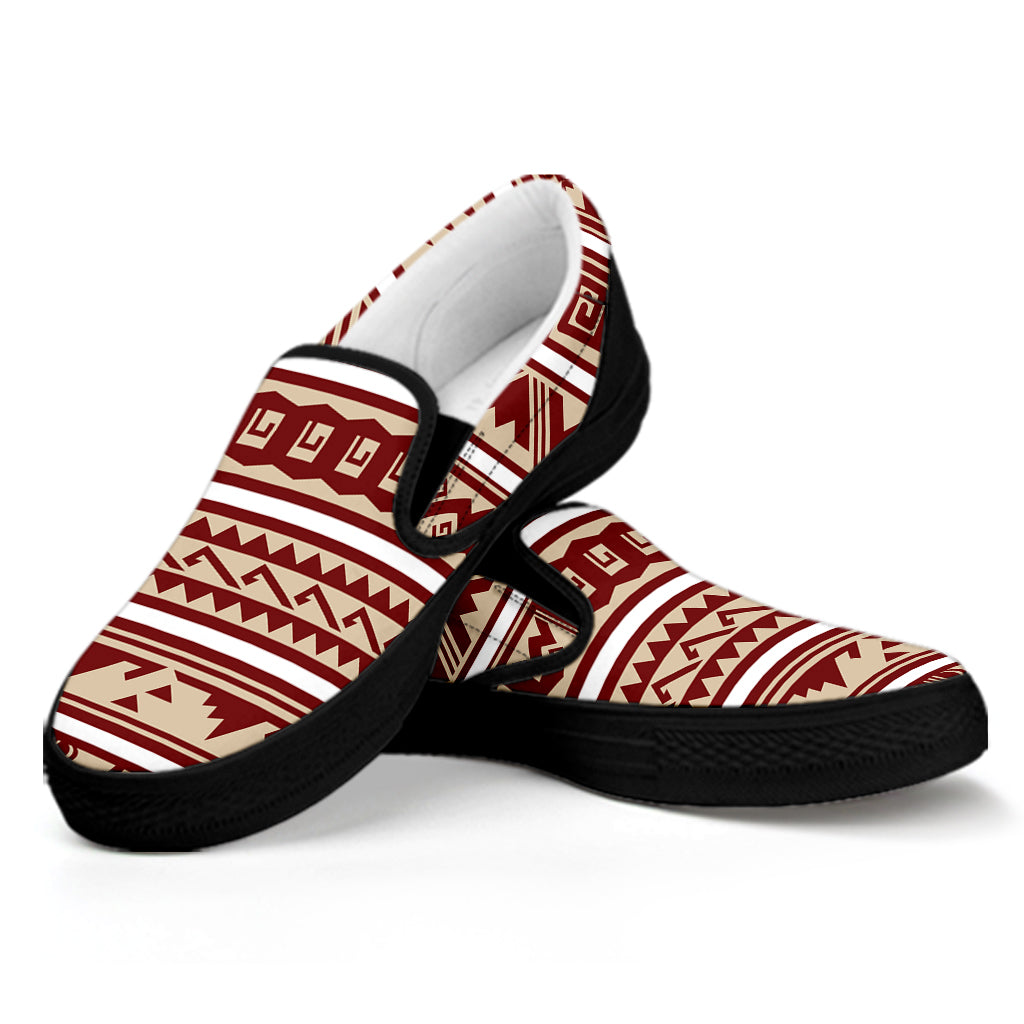 Red And Beige Southwestern Pattern Print Black Slip On Shoes