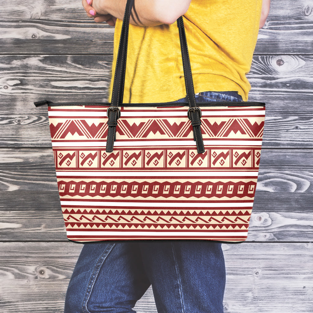 Red And Beige Southwestern Pattern Print Leather Tote Bag