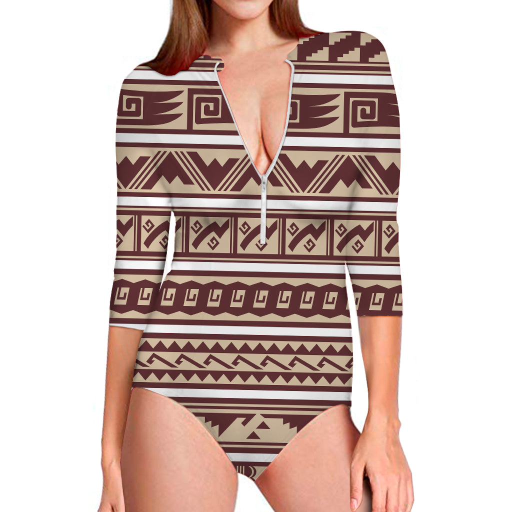 Red And Beige Southwestern Pattern Print Long Sleeve One Piece Swimsuit