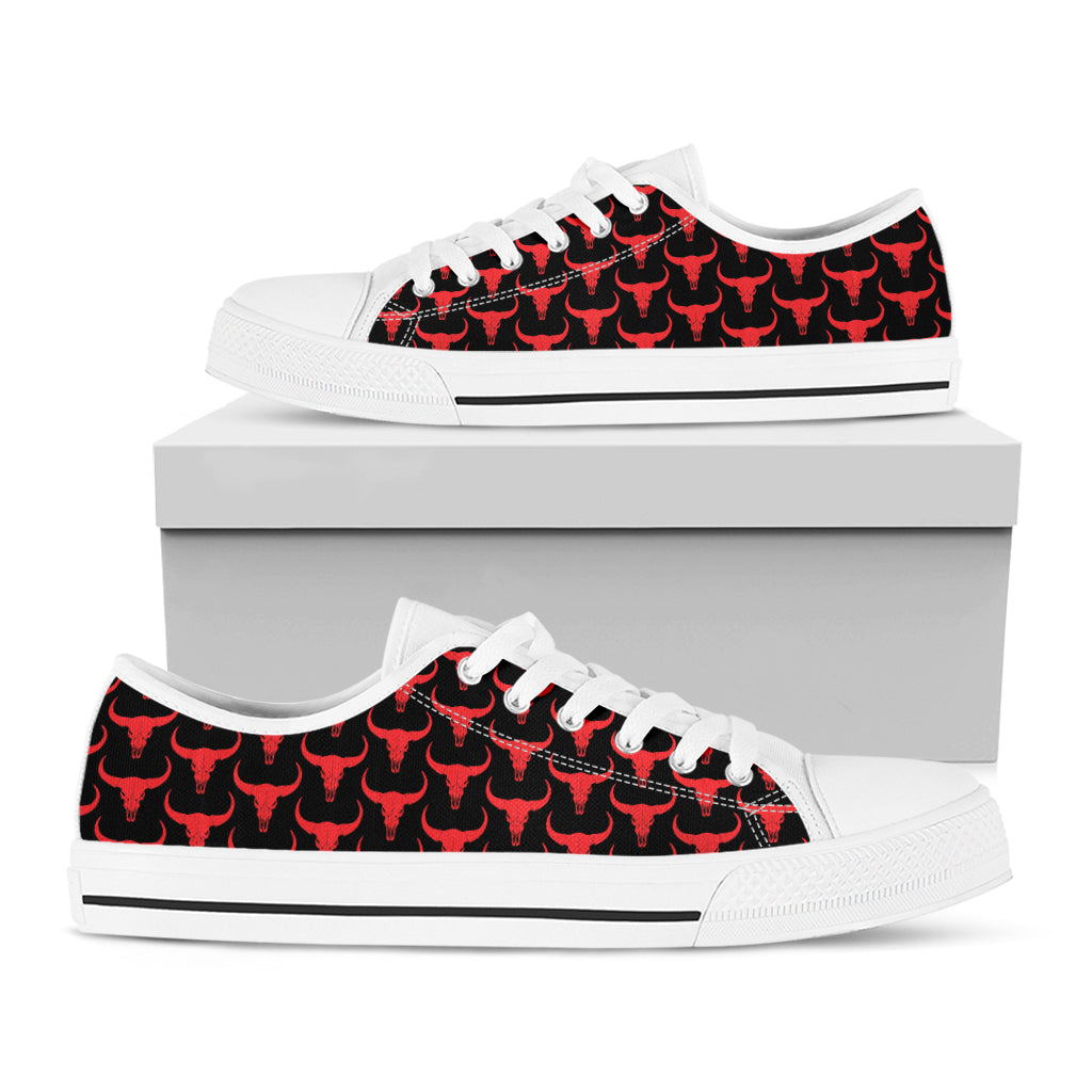 Red And Black Bull Skull Pattern Print White Low Top Shoes