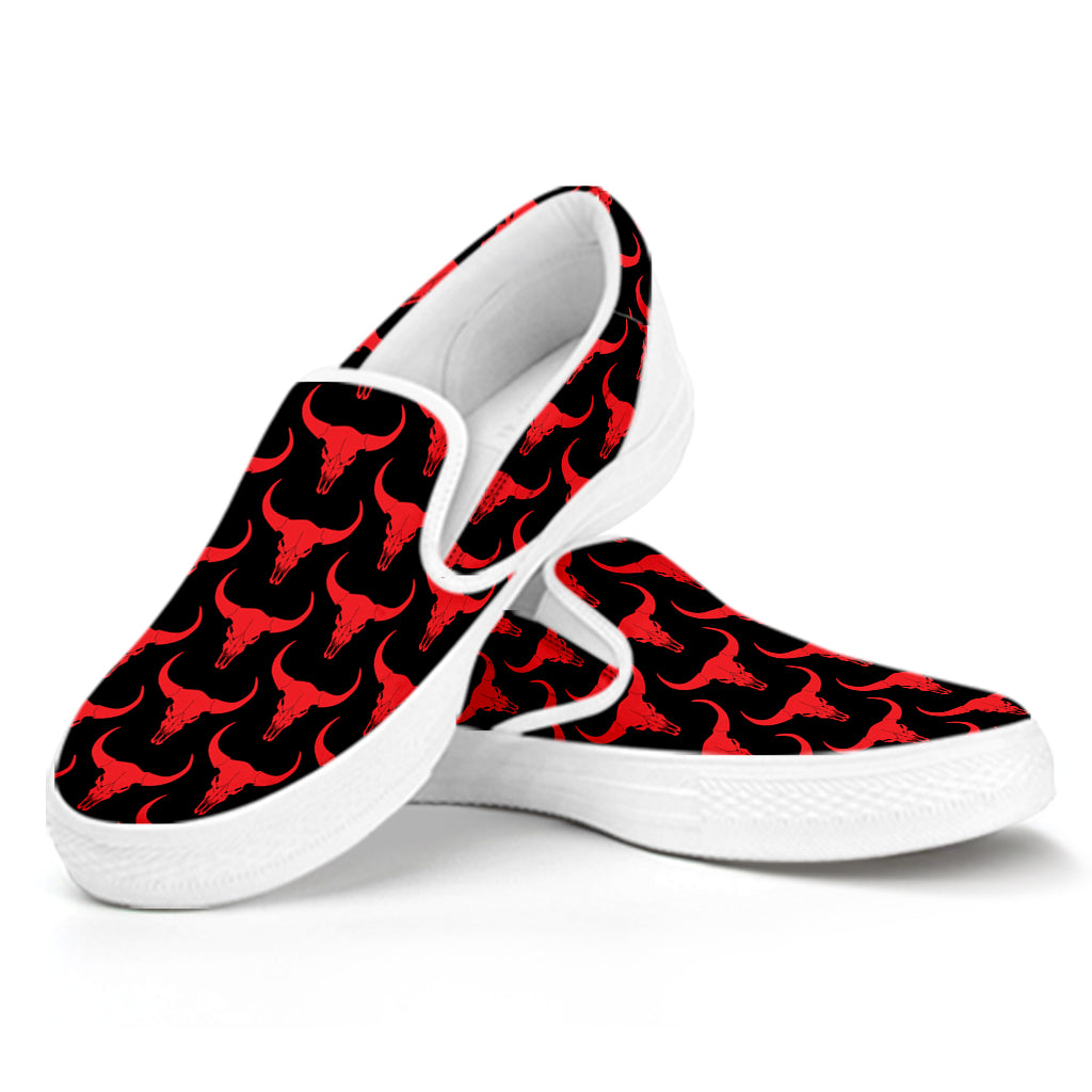 Red And Black Bull Skull Pattern Print White Slip On Shoes