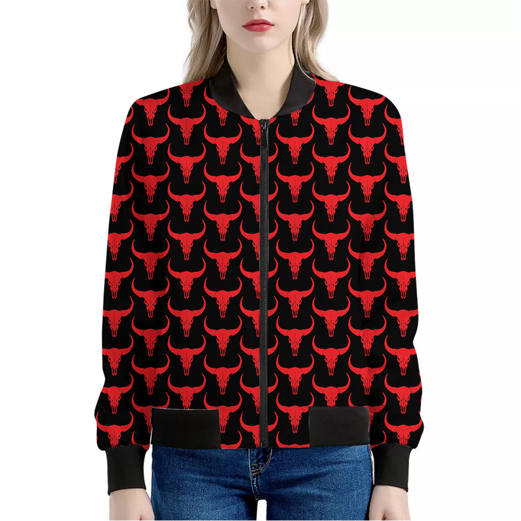 Red And Black Bull Skull Pattern Print Women's Bomber Jacket