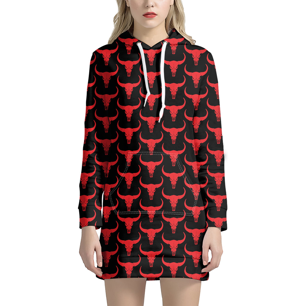 Red And Black Bull Skull Pattern Print Women's Pullover Hoodie Dress