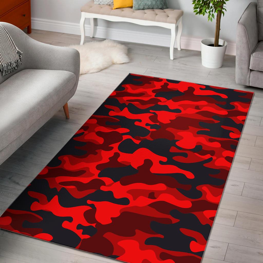 Red And Black Camouflage Print Area Rug