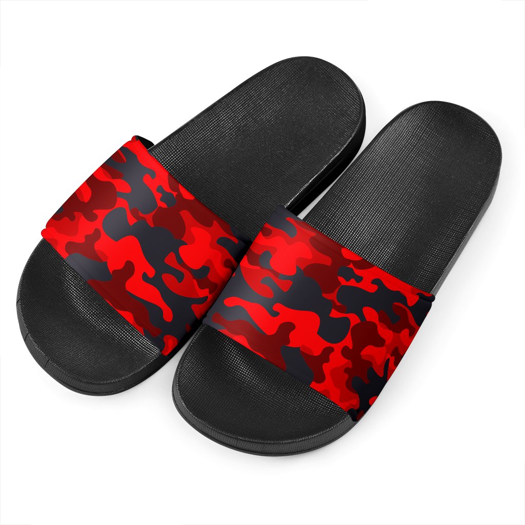 Red And Black Camouflage Print Black Slide Sandals