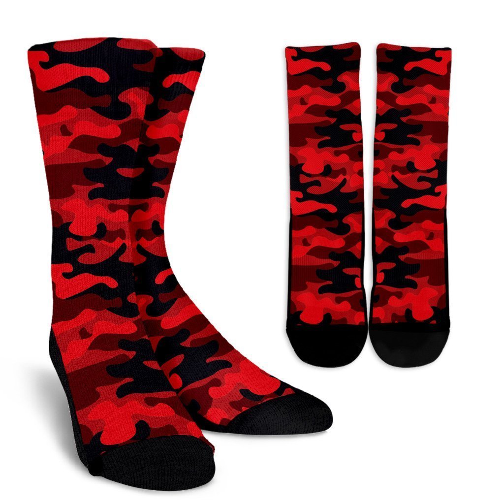 Red And Black Camouflage Print Crew Socks