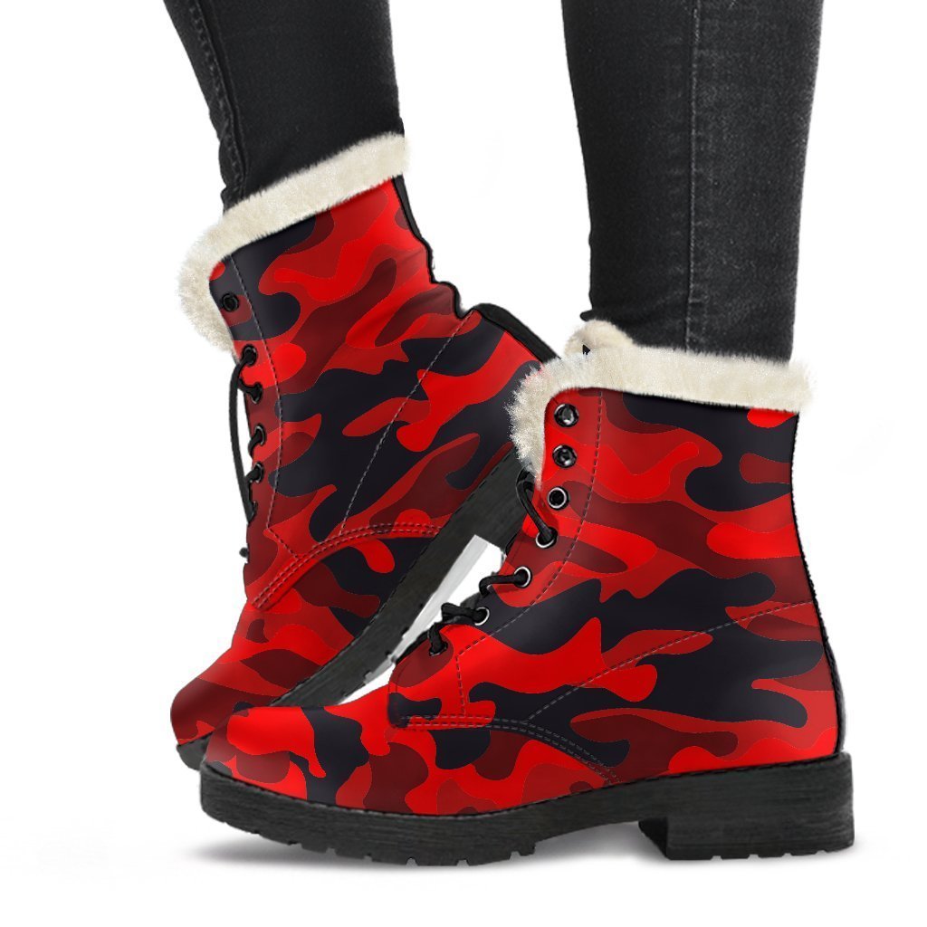 Red And Black Camouflage Print Faux Fur Leather Boots