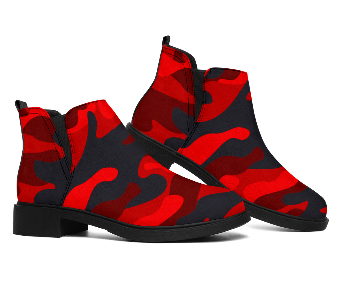 Red And Black Camouflage Print Flat Ankle Boots