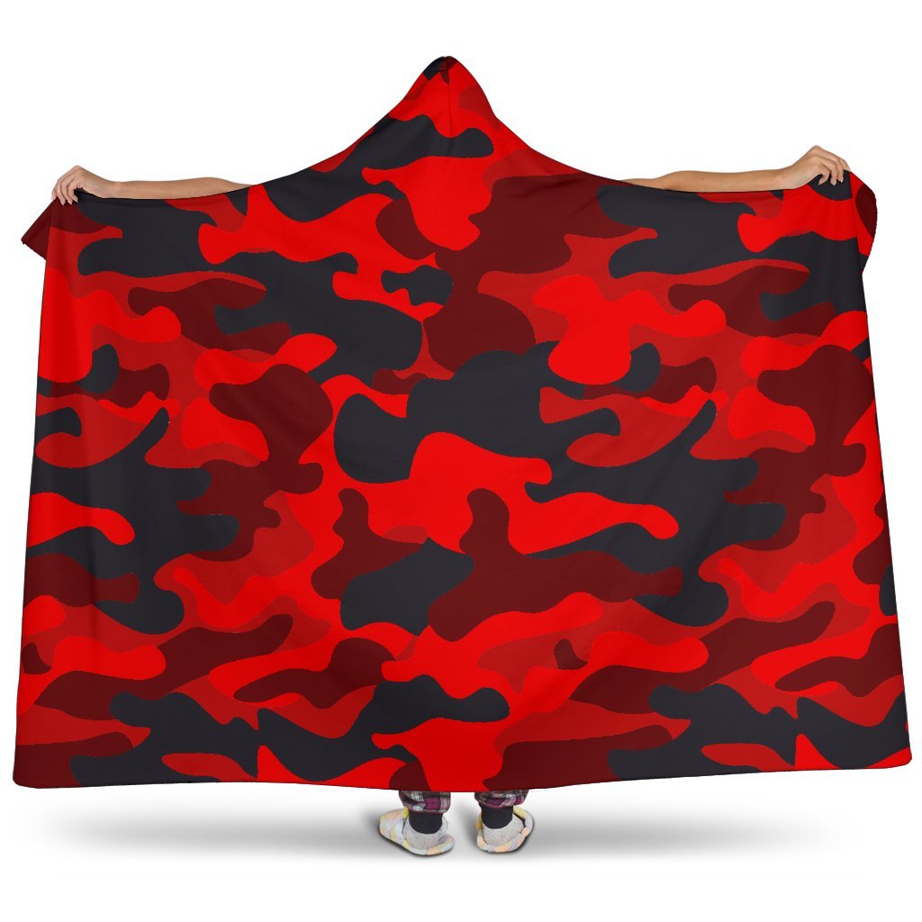 Red And Black Camouflage Print Hooded Blanket