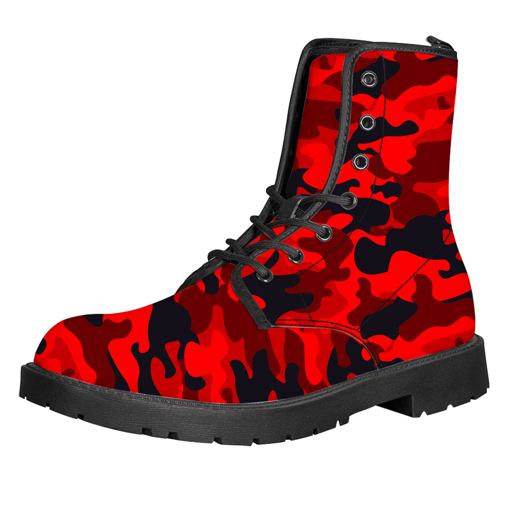 Red And Black Camouflage Print Leather Boots
