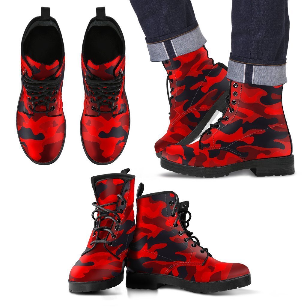 Red And Black Camouflage Print Men's Boots