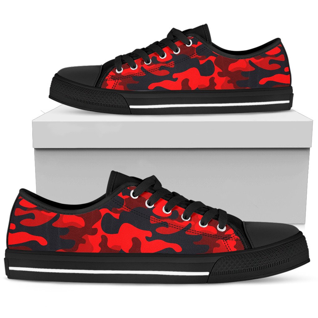 Red And Black Camouflage Print Men's Low Top Shoes